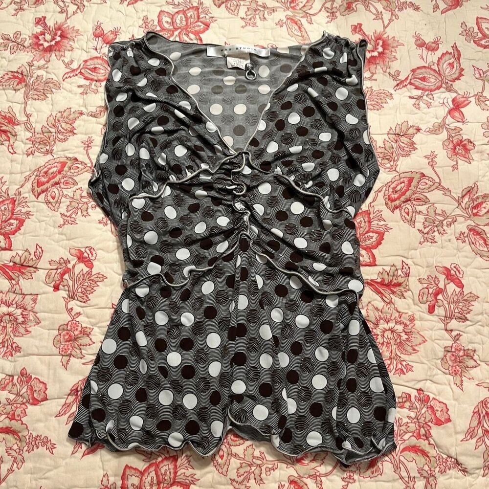 Early 2000s Max Studio Made in USA Poka Dot Earthtone Frilly Top!